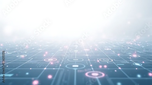 Futuristic Holographic Grid Pattern with Interconnected Nodes and Glowing Data Points, Representing Global Network, Big Data, and Artificial Intelligence Concepts