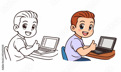 boy working on laptop coloring page for kids