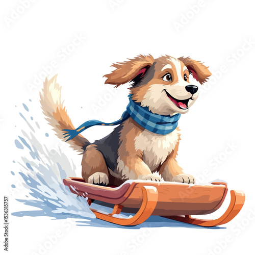 Vsai happy puppy wearing scarf sliding on wooden sled in winter