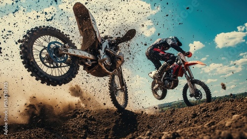 A dramatic motocross scene captures a rider crashing mid-air with dust flying, showcasing the thrill and risk of extreme sports in an outdoor setting.