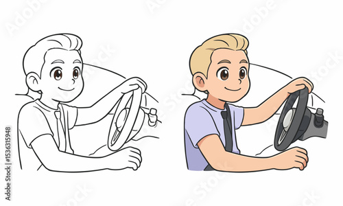 driver holds steering wheel coloring page for kids
