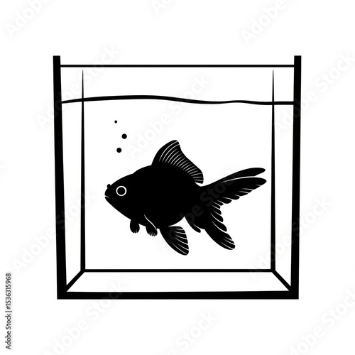 A silhouette of a goldfish in a square fish tank, white background.