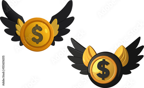 Gold dollar coin with black wings. 3d rendering isolated on white background