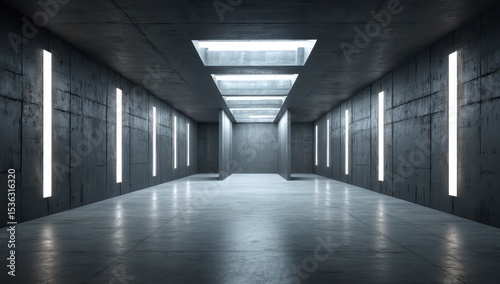 Innovative office with dark concrete walls, whiteboard frames, and cutting-edge lighting systems.