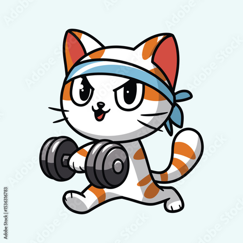Cute orange tabby cat lifting weights cartoon illustration