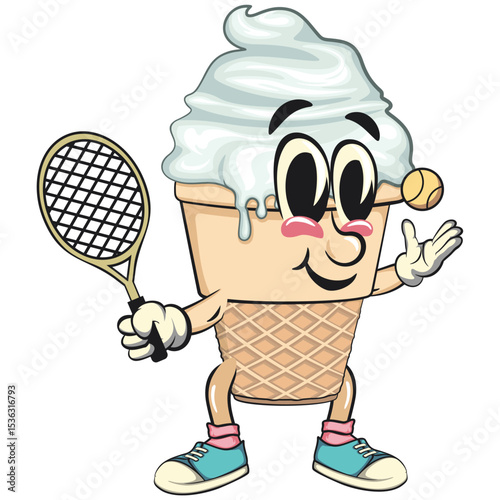 cute ice cream cone mascot cartoon vector character with waffle cone and vanilla topping playing tennis, work of hand drawn