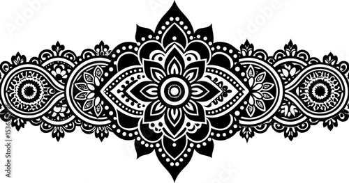 Intricate Seamless Henna Mehndi Ornament Border in Golden Tones on Black Background 