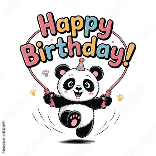Happy birthday panda jumping rope cartoon illustration