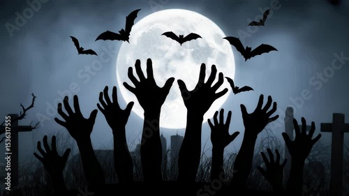 Eerie Silhouette of Hands Reaching Towards Full Moon with Bats in Spooky Night Graveyard Atmosphere