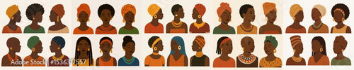 Vector Set African women portraits with diverse clothing and adornments
