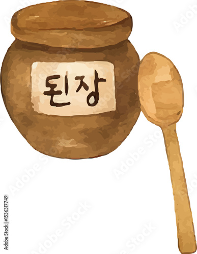 Rustic Korean doenjang paste jar with a wooden spoon, featuring traditional Korean script, showcasing the fermented soy bean flavor essential to authentic Korean cooking