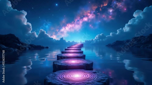 Surreal Pathway of Glowing Stones Across Calm Water Surface Under Vibrant Starry Night Sky with Mystical Vibes