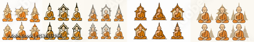 Vector Set Monk sitting in meditation with temple background