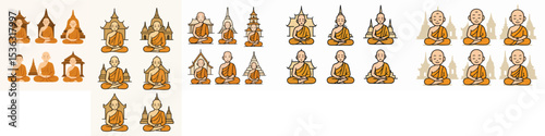 Vector Set Monk sitting in meditation with temple background