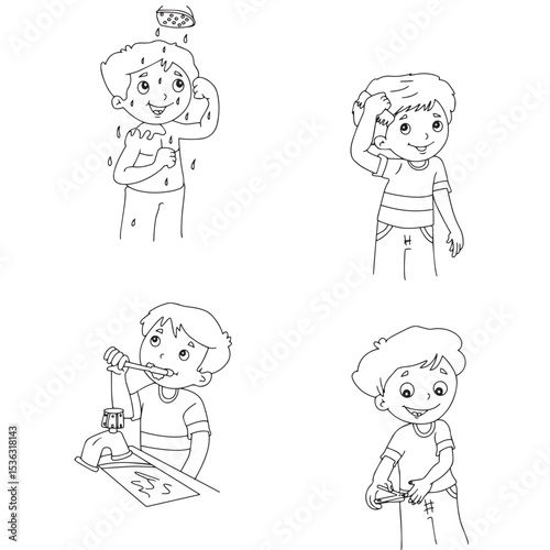 Cute cartoon hand drawn vector Good manner(good habit)  daily routine outline.