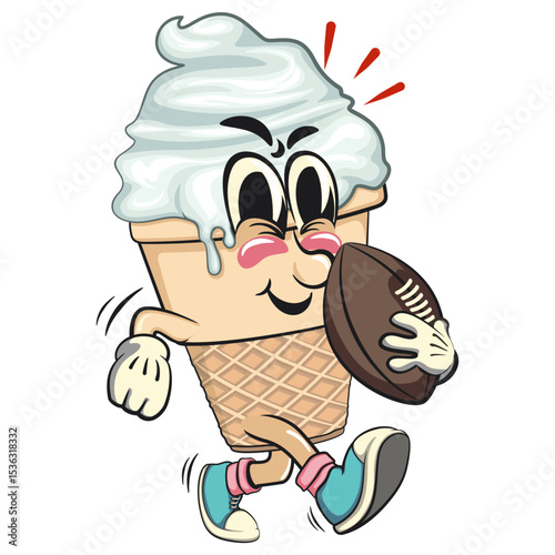 cute ice cream cone mascot cartoon vector character with waffle cone and vanilla topping playing rugby or american football, work of hand drawn