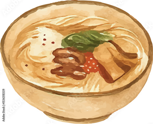 Warm Korean noodle soup with silky udon, tender mushrooms, green onions, and roe, served in a rustic bowl, showcasing the comforting and flavorful essence of traditional Korean cuisine