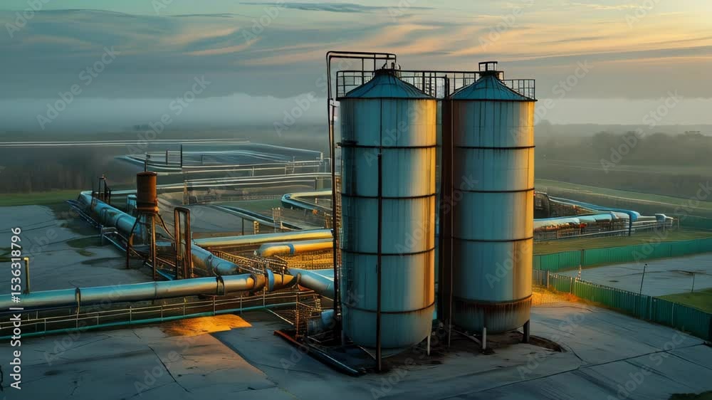 A tranquil sunset scene shows towering industrial silos with ladders ...