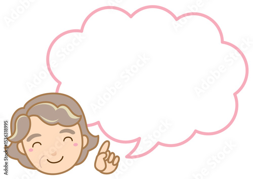 おばあさんの指さし雲ふきだしイラスト/線あり	
