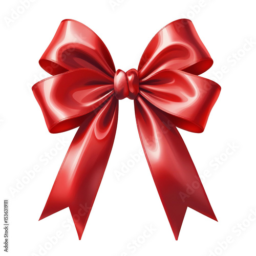 A shiny red satin bow, perfect for Christmas, holiday, or birthday gift decoration, isolated on a white background