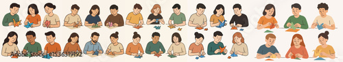 Vector Set People folding origami paper handmade craft hobby