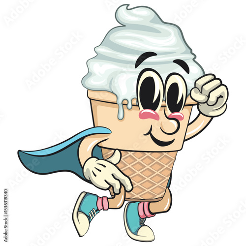 cute ice cream cone mascot cartoon vector character with waffle cone and vanilla topping as flying superhero wearing a robe, work of hand drawn