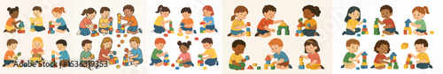 Vector Set Kids playing building block education activity