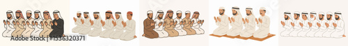 Vector Set Arab men in traditional clothing praying together