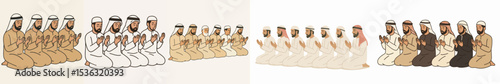 Vector Set Arab men in traditional clothing praying together