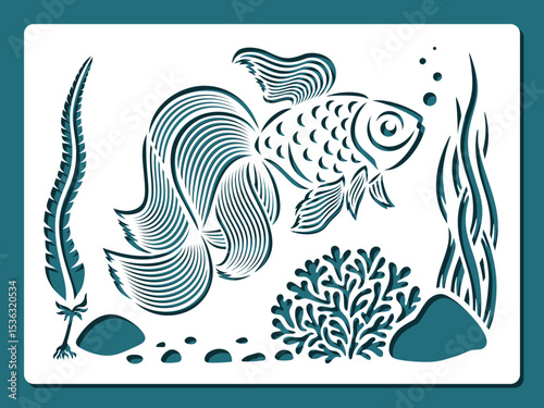 Rectangular stencil with fish, seaweed. Openwork goldfish swims in water among plants, stones. Template for plotter laser cutting of paper, wood carving, metal engraving, cnc. Vector illustration.