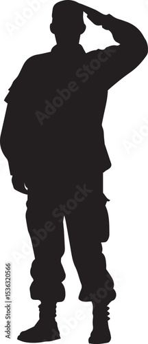 Silhouette of Saluting Soldier in Uniform Isolated on White Background.