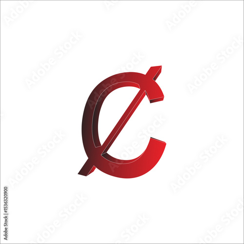 3D red cent symbol with diagonal line on white background