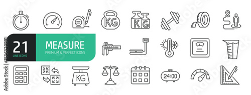 Set Of Measure Icons. Contains such icons as Ruler, Temperature, Dimension, Time, Speed, Gauge, Distance, Area, Measuring Tape, Radius, Diameter, Weight, and more.