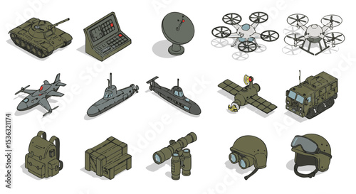 Isometric Military Machinery Icon Set — 3D Perspective