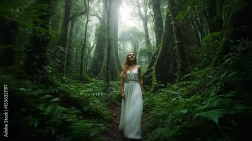 Woman in a white dress in a lush forest