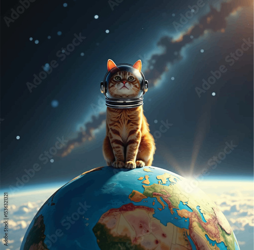 A curious cat exploring space, wanting to see new things.