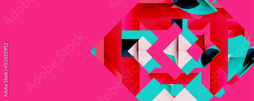 Abstract geometric design. Pink background contrasts with red, turquoise shapes. Complex layering creates dynamic visual effect.