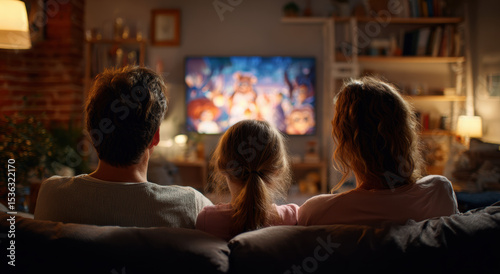 Family enjoys cozy movie night at home, watching TV together in warmly lit living room