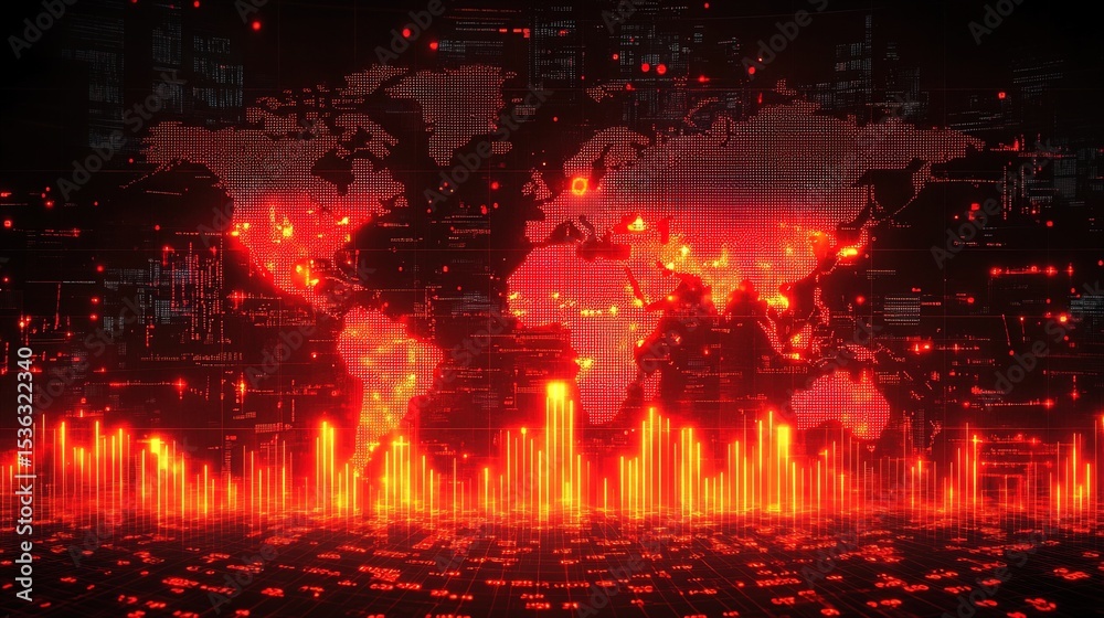 Fototapeta premium Abstract Glowing World Map with Financial Graph Bar Chart Background