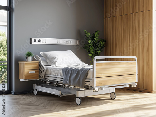 Modern Hospital Bed with Adjustable Features and Wooden Accents Interior