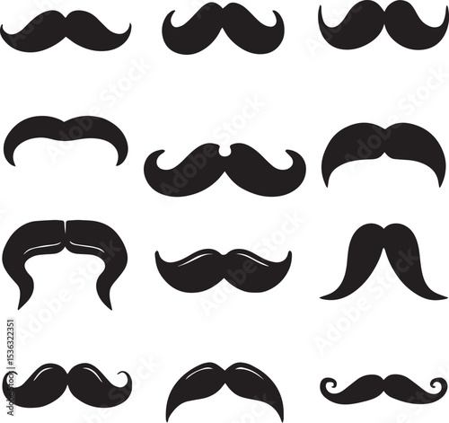 Collection of Black Mustache Silhouettes Isolated on White Background.