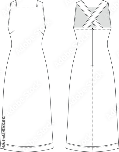 sleeveless square neck strappy strapped darted zippered long maxi midi denim jean apron straight dress template technical drawing flat sketch cad mockup fashion woman design style model 
