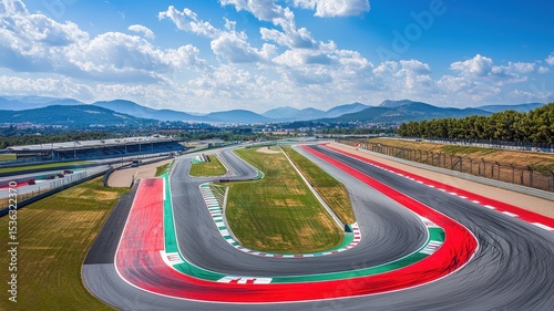 Stunning panoramic view of an empty Formula 1 track layout, showcasing sweeping curves, vibrant colors, and a picturesque landscape under a bright sky.
