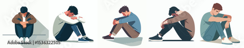 Flat Vector of Depressed Men Sitting Down – Mental Health and Emotional Breakdown Concept