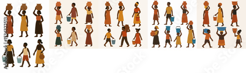 Vector Set African people carrying water in pots and buckets