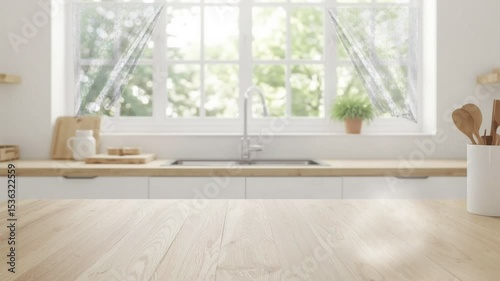 Cozy white kitchen with a wooden countertop, sink under a sunny window, sheer curtains, and kitchen accessories creating a clean and inviting atmosphere.