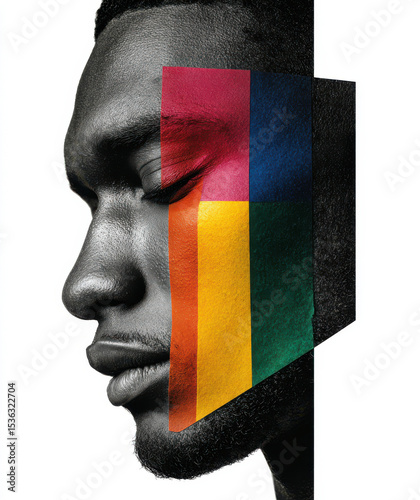 Abstract pride collage of black male face with rainbow colors