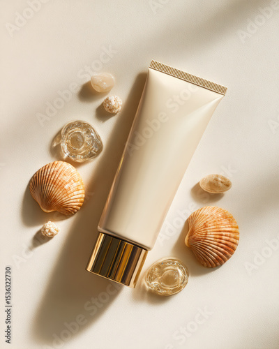 Flat lay image featuring sunscreen tube surrounded by seashells and small decorative stones, evoking sense of summer and beach relaxation. soft colors and textures create calming atmosphere