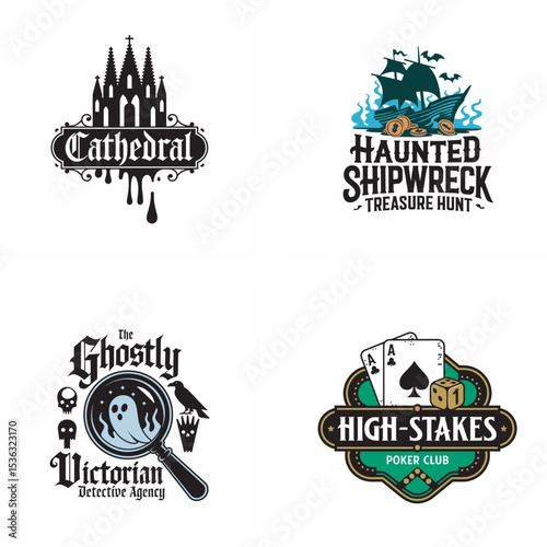 A collection of detailed vintage style logos featuring a cathedral a haunted shipwreck and a victorian detective agency