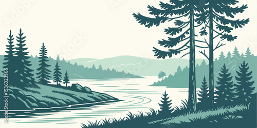 Serene Mountain View with Lake and Woodland – Nature Poster Design